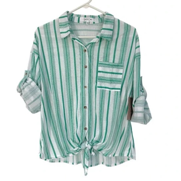 Eden & Olivia Green and White Summer Button Up Blouse Size XL - Picture 2 of 11